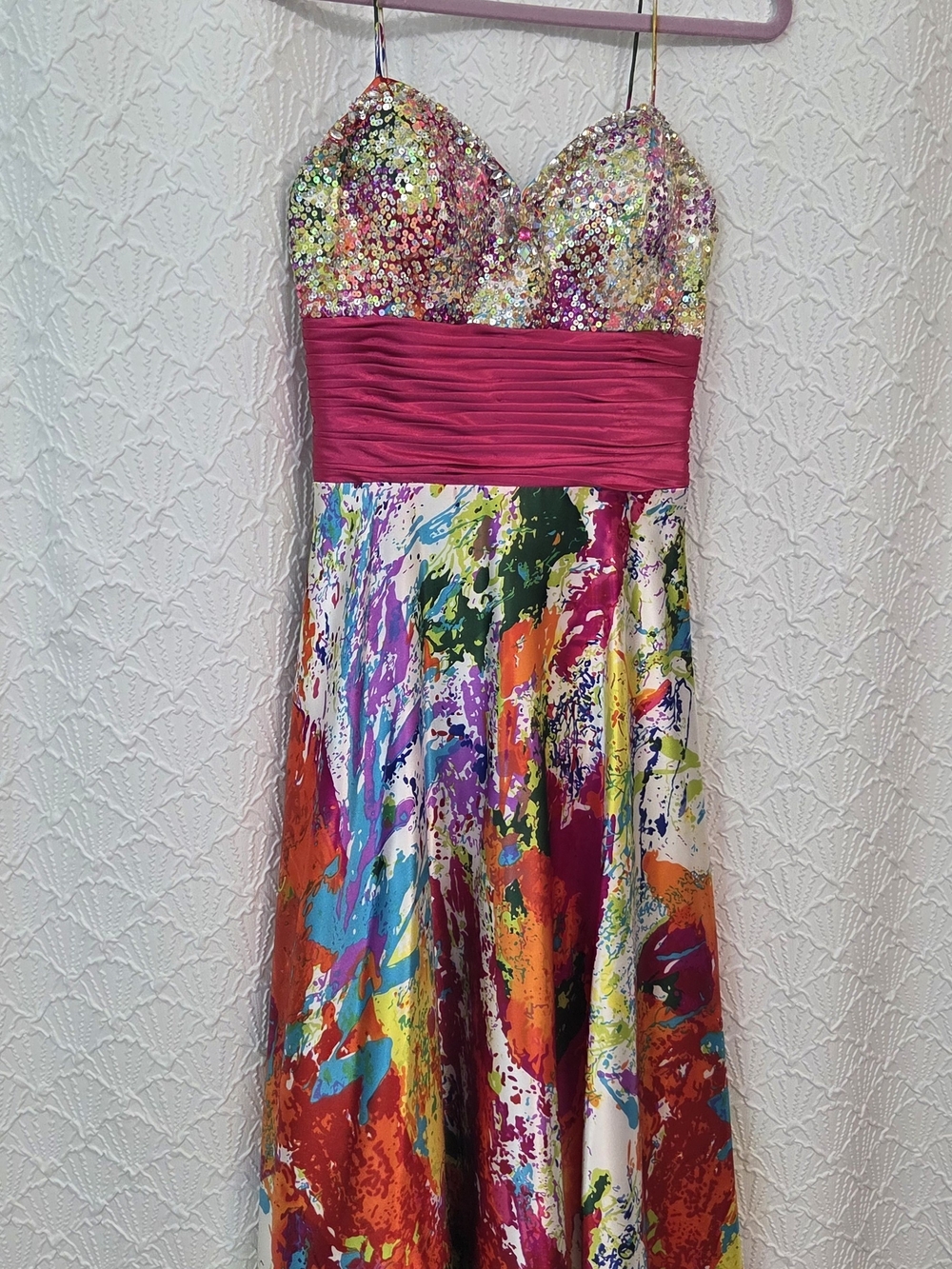 Night Moves Fuchsia Sequin Bodice Multicolor Paint-Splash Gown